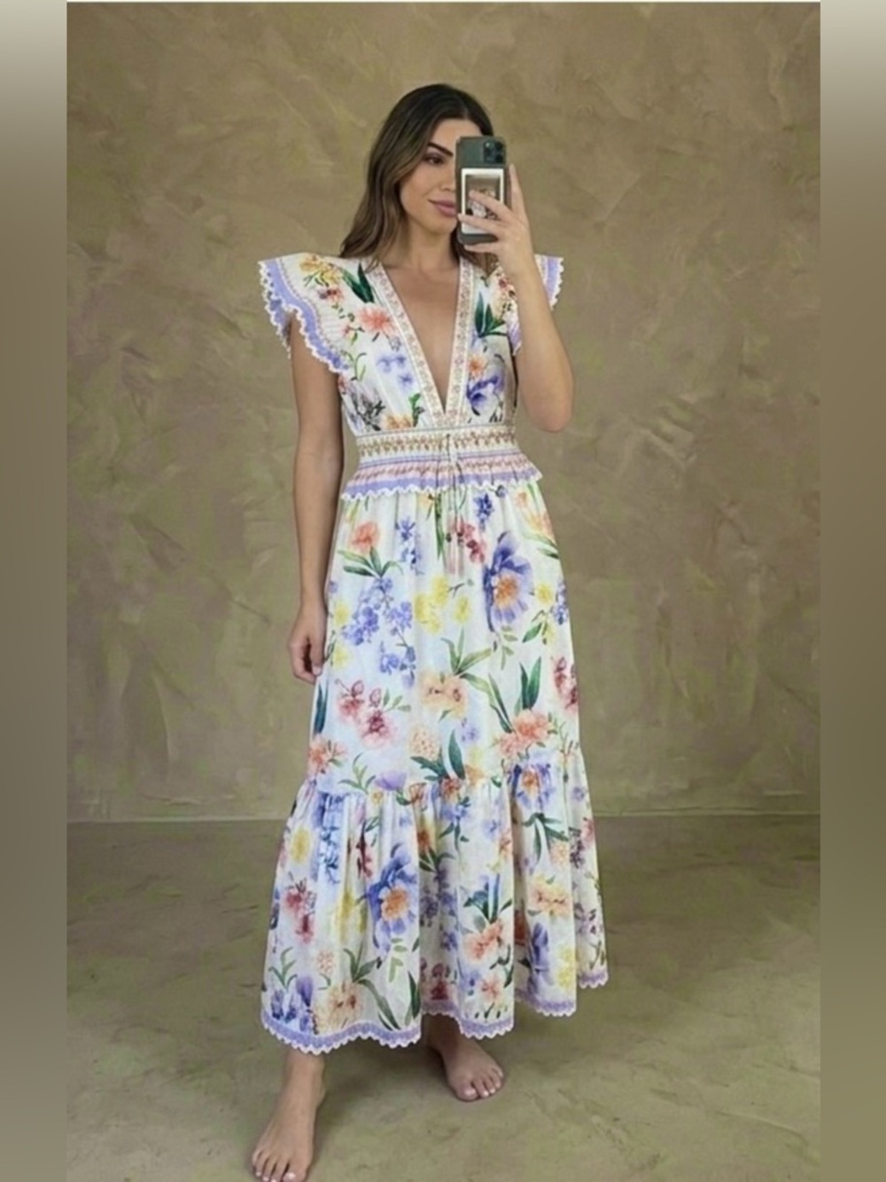 Camila Coelho Off White Greek Summer Garden Maxi Dress (like Farm Rio) Size M